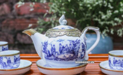 Ấm chén men lam cổ bọc đồng