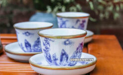 bộ ấm chén men lam cổ vẽ trúc lâm thất hiền