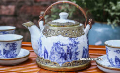 bộ ấm chén men lam cổ vẽ trúc lâm thất hiền