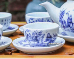 bộ ấm chén men lam cổ vẽ trúc lâm thất hiền