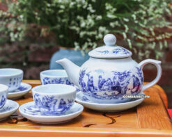 bộ ấm chén men lam cổ vẽ trúc lâm thất hiền