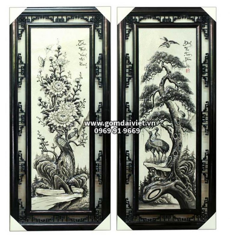 tranh gốm tứ cảnh đắp nổi chim hoa