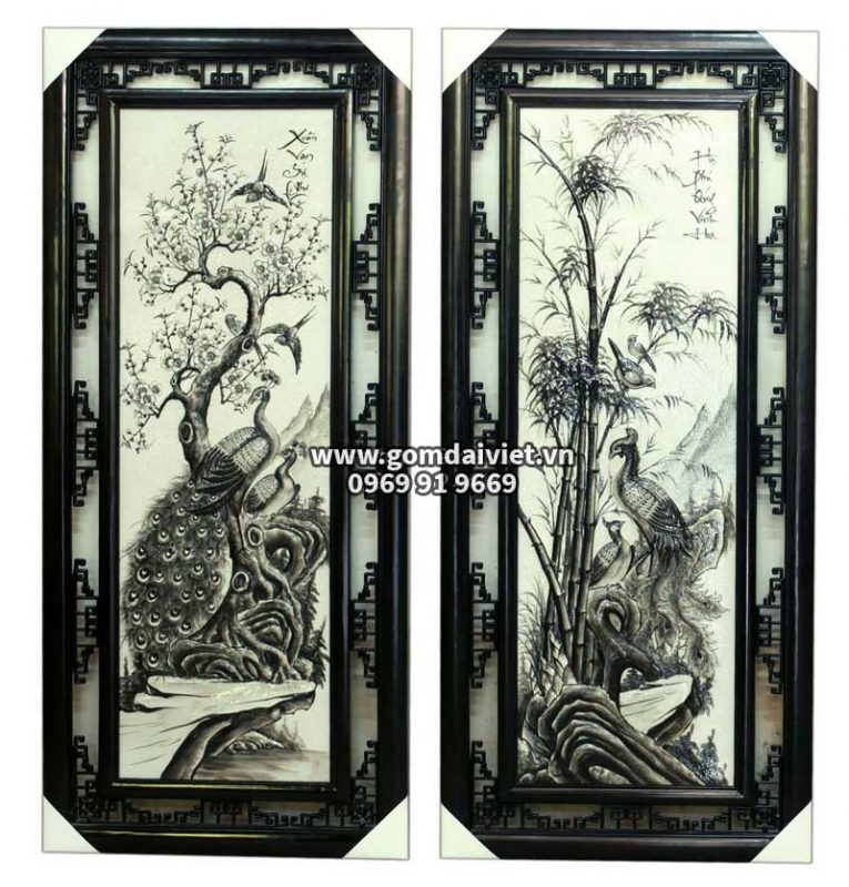 tranh gốm tứ cảnh đắp nổi chim hoa