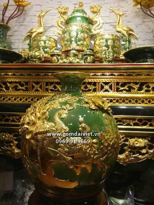 Bình hút tài lộc công danh phú quý mạ vàng men ngọc lục bảo