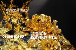 Bình hút tài lộc đắp nổi công đào mạ vàng men xanh