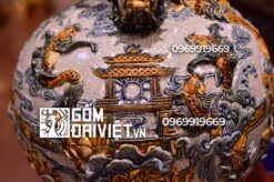 Bình hút tài lộc cá chép vượt vũ môn đắp nổi men rạn cổ