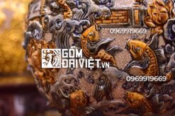 Bình hút tài lộc cá chép vượt vũ môn đắp nổi men rạn cổ