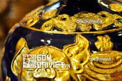bình hút tài lộc đắp nổi heo dát vàng 24K màu xanh lam