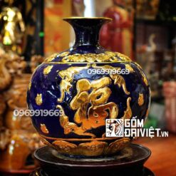 bình hút tài lộc đắp nổi heo dát vàng 24K màu xanh lam