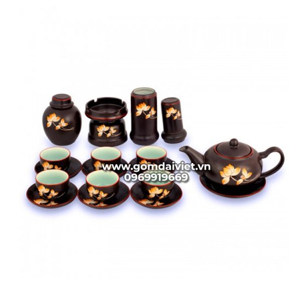 Ấm chén men nâu vẽ hoa sen