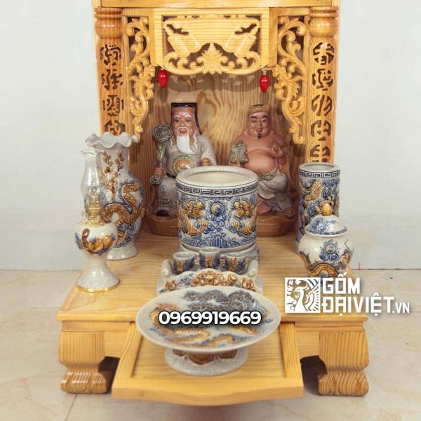 Bộ đồ thờ thần tài men rạn đắp nổi Bát Tràng