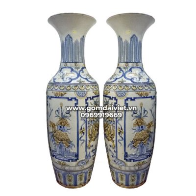 Lộc Bình Tứ Linh Men Rạn Nổi Vẽ Nâu Đất 1m4