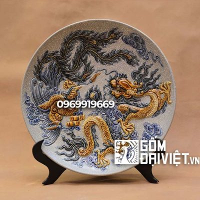 Mâm bồng men rạn đắp nổi rồng phi 27