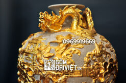 Bình hút tài lộc cá chép hóa rồng dát vàng đắp nổi Bát Tràng