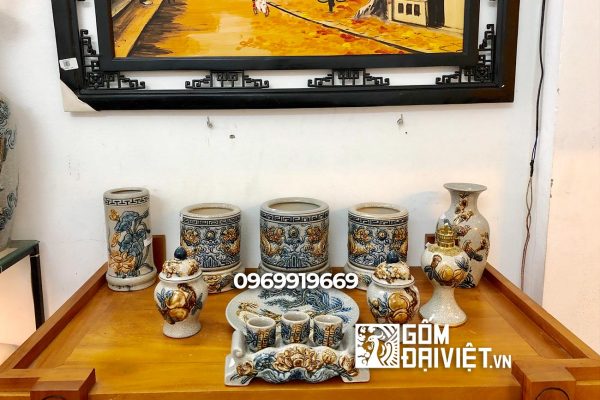 Bộ đồ thờ chung cư men rạn đắp nổi S1 Bát Tràng
