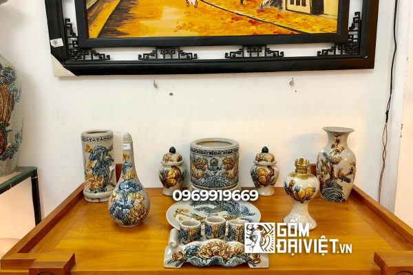 Bộ đồ thờ cúng chung cư men rạn đắp nổi rồng S3 Bát Tràng