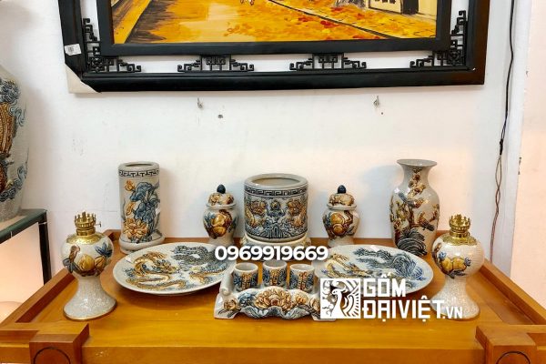 Bộ đồ thờ cúng chung cư men rạn đắp nổi rồng S4 Bát Tràng