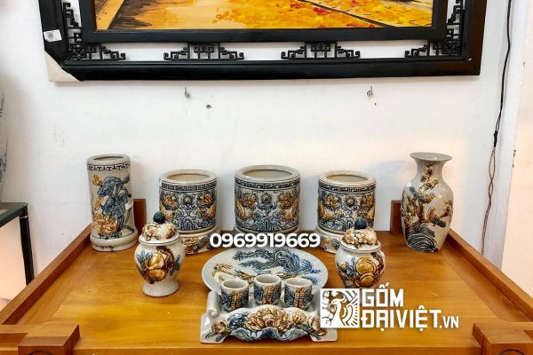 Bộ đồ thờ cúng chung cư men rạn đắp nổi S6 Bát Tràng
