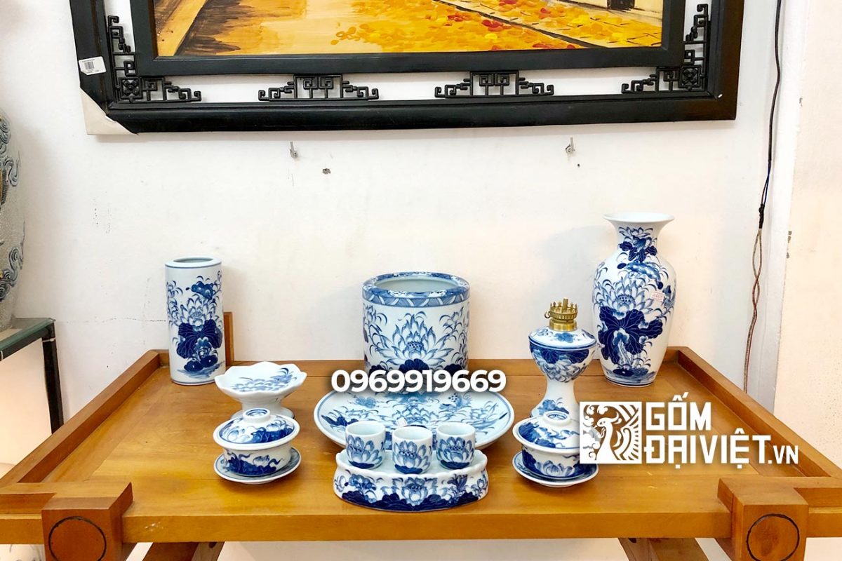 Bộ đồ thờ cúng chung cư men rong vẽ sen S1 Bát Tràng