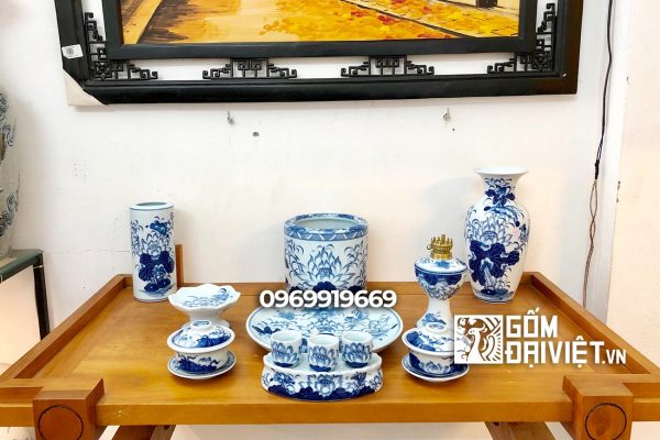 Bộ đồ thờ cúng chung cư men rong vẽ sen S1 Bát Tràng