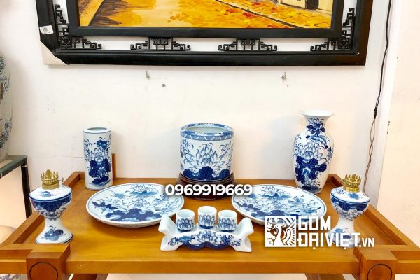Bộ đồ thờ cúng chung cư men rong vẽ sen S2 Bát Tràng