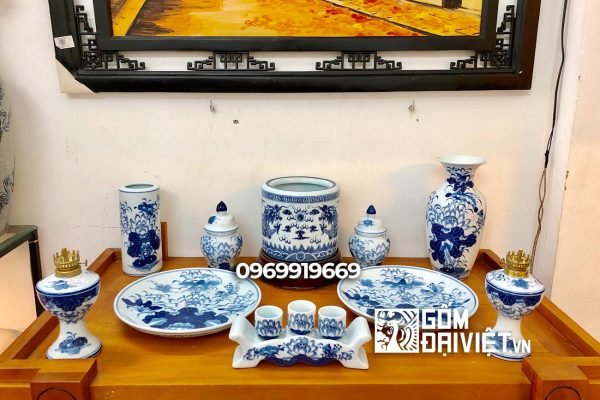 Bộ đồ thờ cúng chung cư men rong vẽ sen S3 Bát Tràng