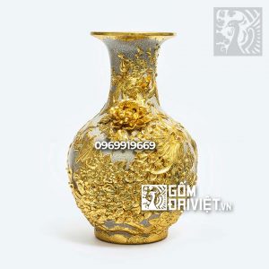 Bình gốm phong thủy tỏi công đào đắp nổi dát vàng 52cm Bát Tràng