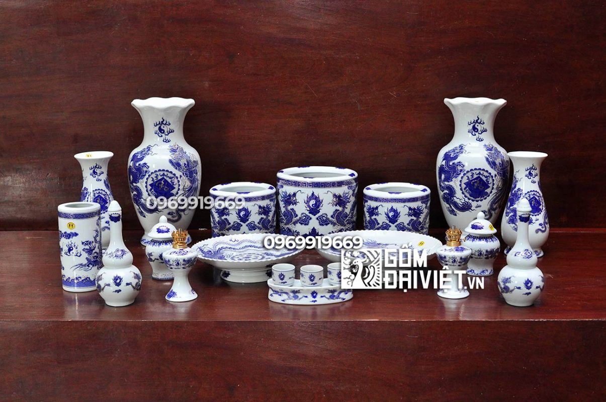 Bộ đồ thờ men khử vẽ rồng ánh kim Bát Tràng