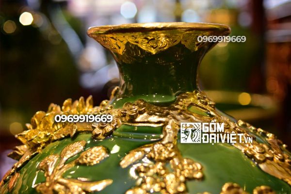 Bình hút tài lộc chim công men ngọc lục bảo dát vàng Bát Tràng