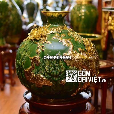 Bình hút tài lộc chim công men ngọc lục bảo dát vàng Bát Tràng