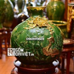 Bình hút tài lộc chim công men ngọc lục bảo dát vàng Bát Tràng