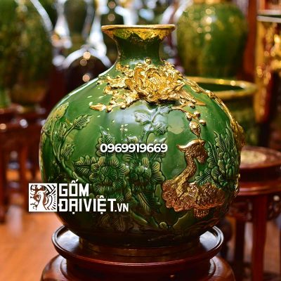 Bình hút tài lộc chim công men ngọc lục bảo dát vàng Bát Tràng