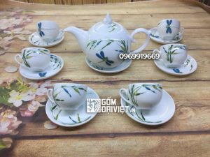 Bộ ấm chén men trắng vẽ chuồn chóp lửa Bát Tràng