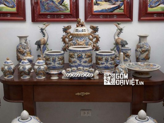 Bộ đồ thờ cúng Bát Tràng men rạn đắp nổi rồng Số 6