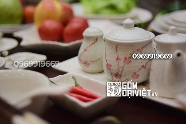 Bộ bát đĩa bát tràng vẽ hoa đào hồng