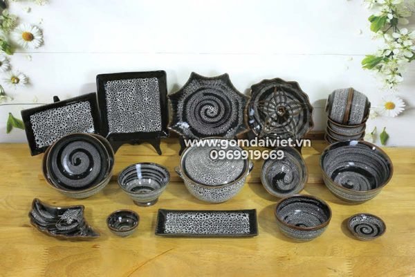 Bộ bát đồ ăn bát tràng men hỏa biến đen