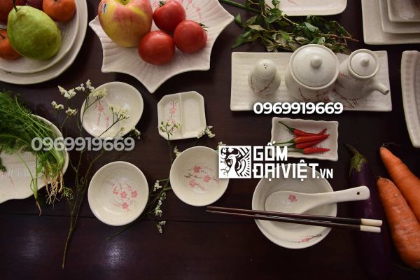 Bộ bát đĩa bát tràng men muối tiêu vẽ hoa đào hồng