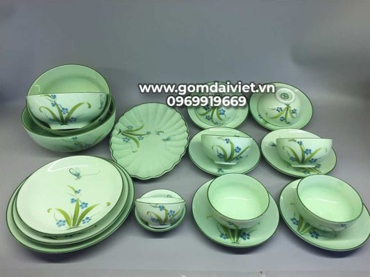 Bộ bát đĩa bát tràng men xanh ngọc