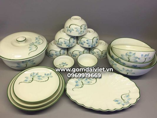 Bộ bát đĩa men kem vẽ hoa đào