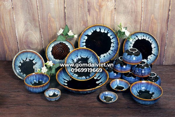 Bộ bát đĩa men hỏa biến sóng xanh biển