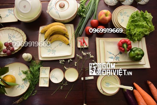 Bộ bát đĩa bát tràng men ngọc vẽ đào