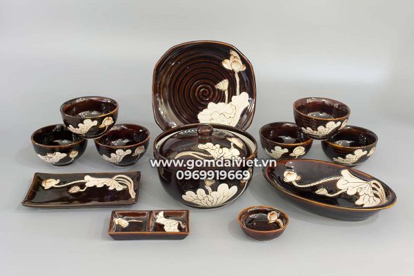 Bát đĩa men hoa biến vẽ sen bát tràng