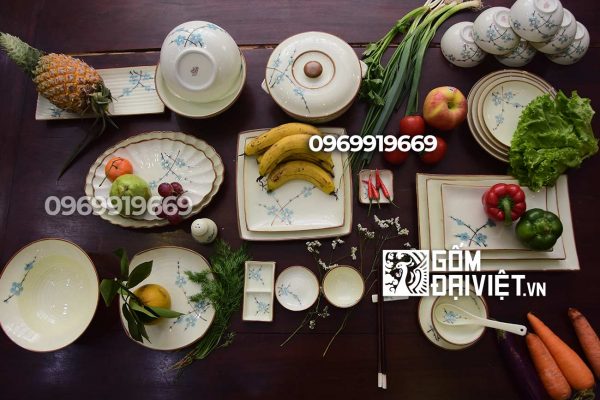 Bộ bát đĩa bát tràng men muối tiêu vẽ hoa đào hồng