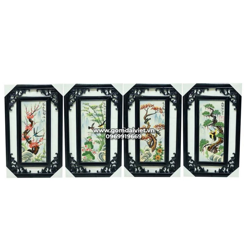 Tranh gốm Bát Tràng tứ cảnh 4 mùa cổ đồ Tùng cúc trúc mai S3 60x35cm