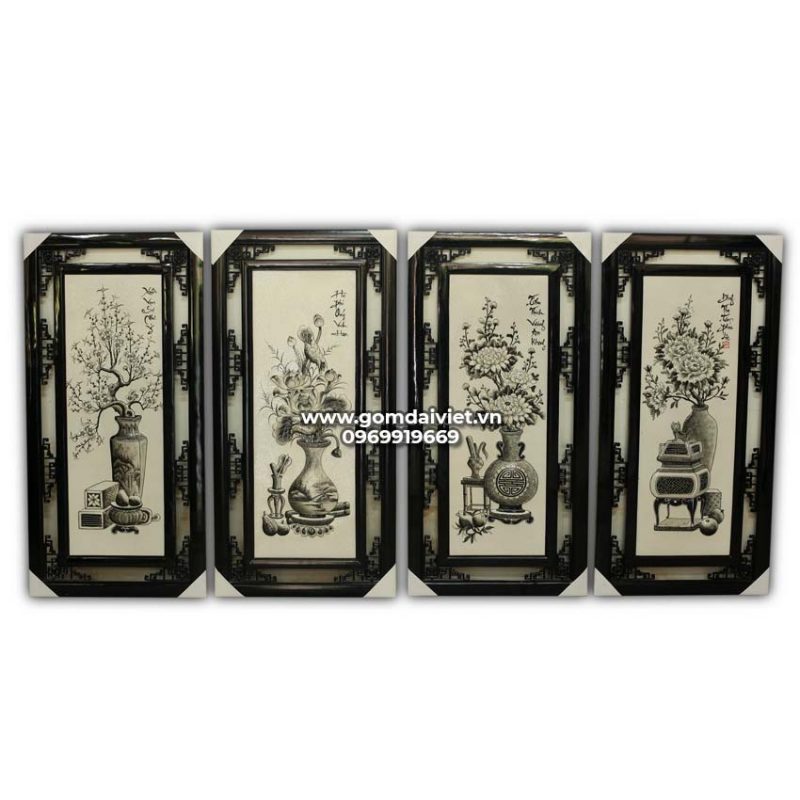 Tranh gốm Bát Tràng tứ cảnh cổ đồ đen trắng S2 85x45cm