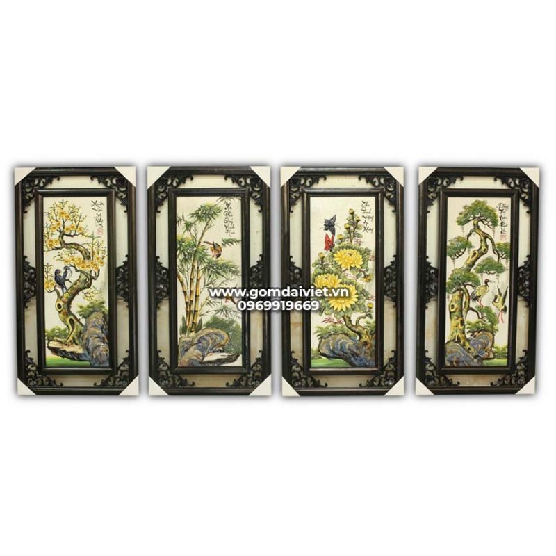 Tranh gốm Bát Tràng tứ cảnh tùng cúc trúc mai đen 75x40cm