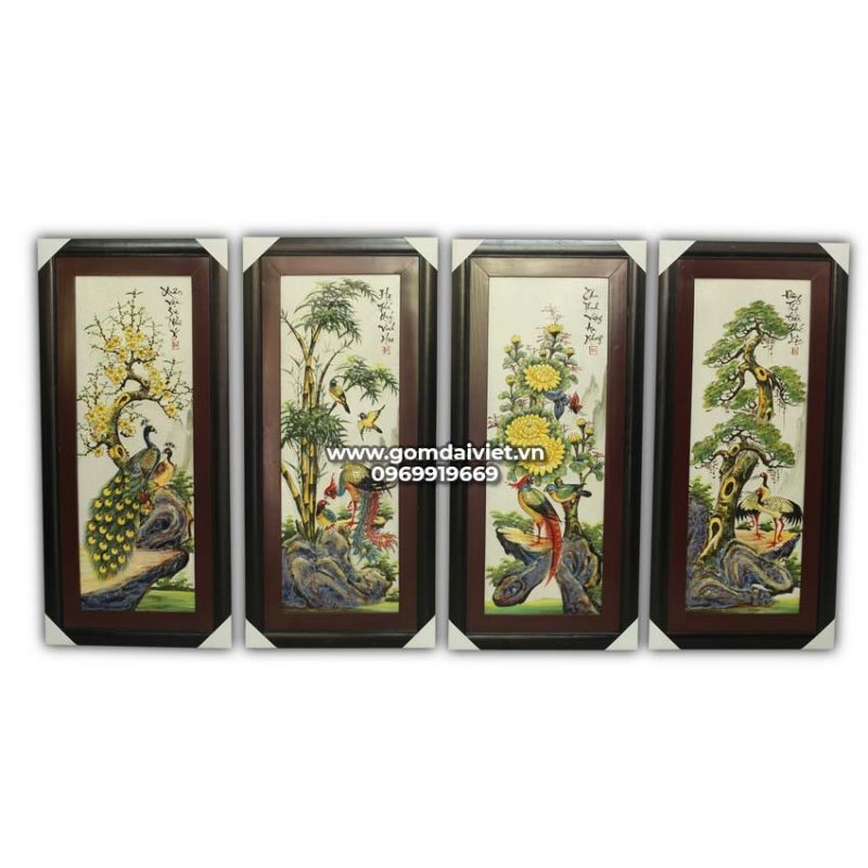 Tranh gốm Bát Tràng tứ quý tùng cúc trúc mai đắp nổi 87x43cm
