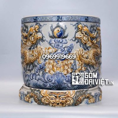 Bát hương đắp nổi song long chầu nguyệt sen men rạn p35