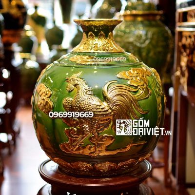Bình hút tài lộc tam hợp Tỵ Dậu Sửu ngọc lục bảo dát vàng Bát Tràng