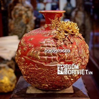 Bình hút tài lộc thuận buồm xuôi gió màu đỏ vẽ vàng 35cm